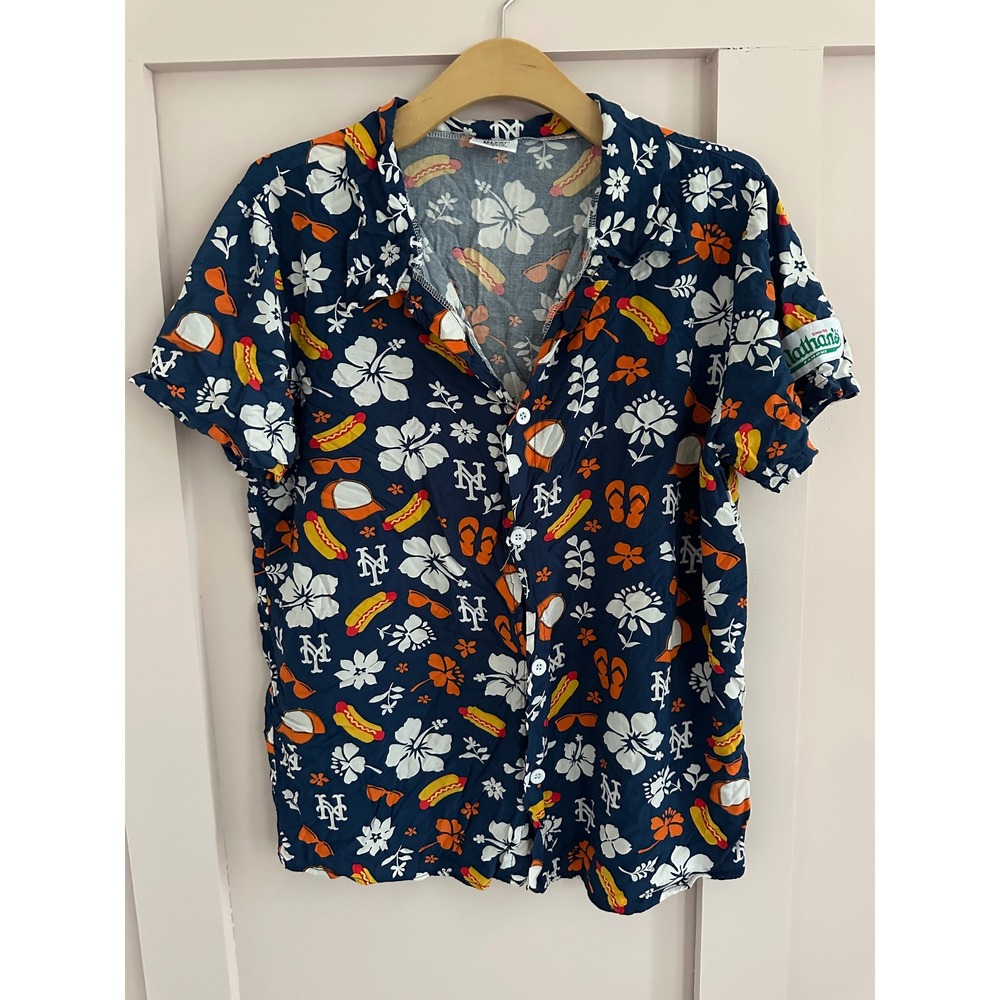 New York Mets Nathan's Famous Hot Dog Hawaiian Shirt Mens Large BDA Sports Navy